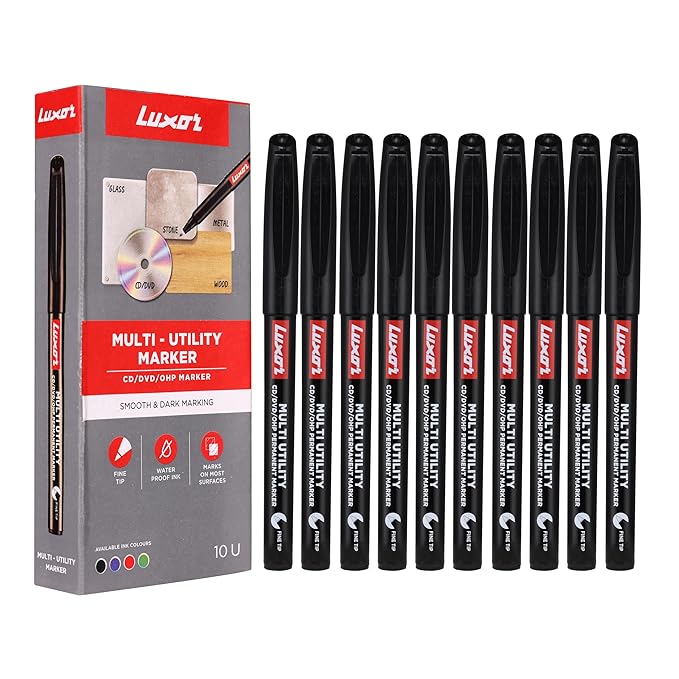 Luxor CD/DVD/OHP Marker in Classic Black, Pack of 10, Ideal for Clear and Permanent Markings on Discs and Overheads