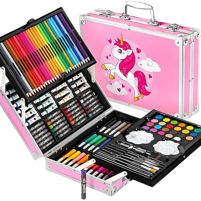 Art Set for Kids, 145 Pieces Drawing Kit with Colour Pencils, Oil Pastels, Paint Brushes, Unicorn Theme Art Set
