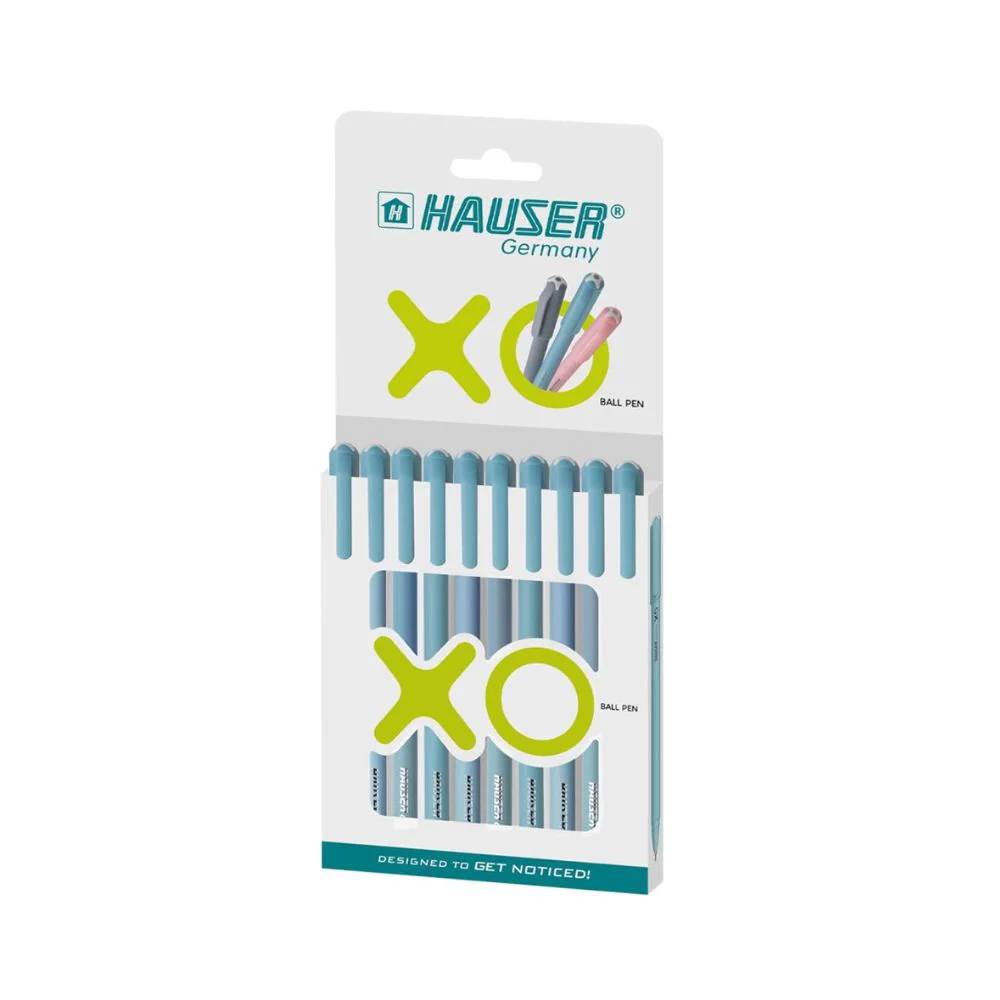 Hauser XO 0.7mm Ball Pen Box Pack | Sleek Body & Minimalistic Design | Matt Finish & Solid Body Type | Low Viscosity Ink With Ultra Durable Tip | Blue Ink, Pack of 10 Pens