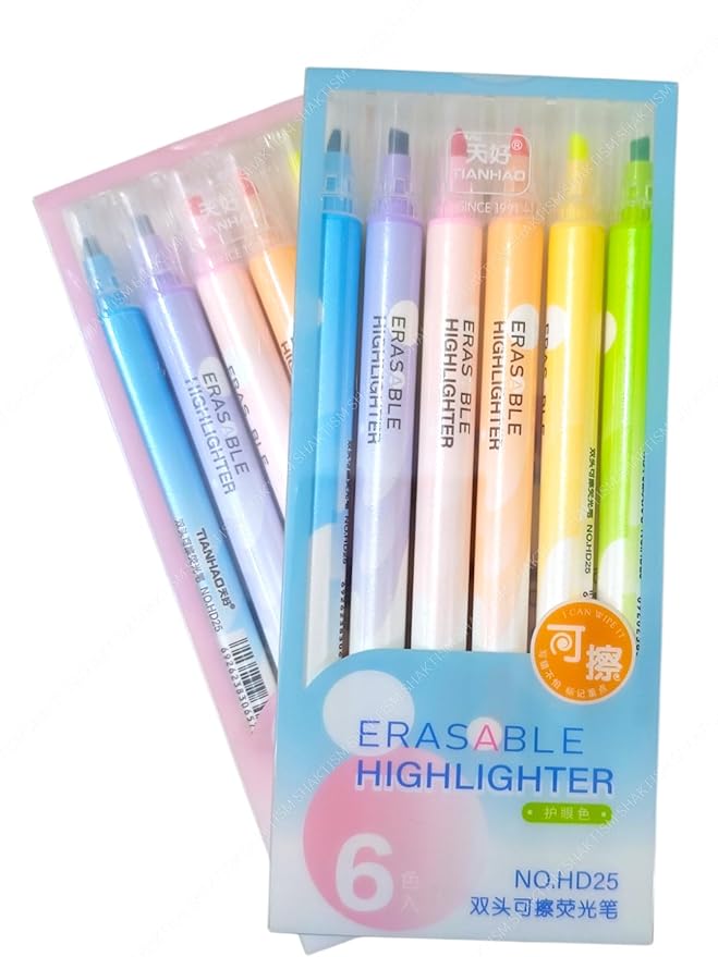 Erasable Highlighters, Double Head Smooth Writing Highlighters, Chisel Tip Assorted Colours - Set of 6Pcs