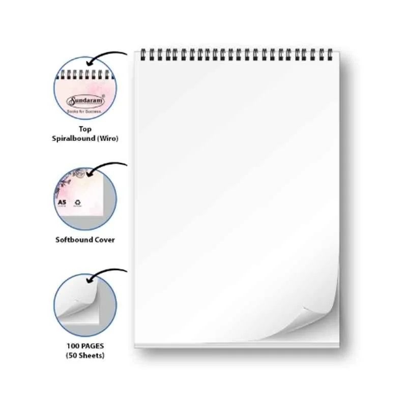 Sundaram 100 Pages 21x14.5cm Top Spiral Bound A5 Artist Drawing Book with Superior Binding Strength & Wrapper Lamination, D-10
