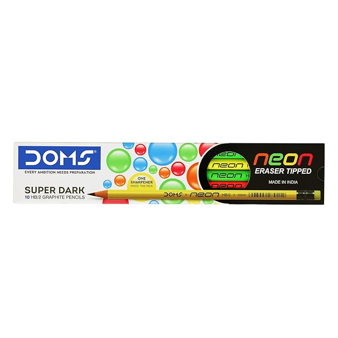 DOMS Neon Rubber Tipped HB/2 Graphite Pencils Box Pack | Non-Toxic | Free Sharpner Inside The Box | Easy & Smooth Sharpening | Pack Of 10 Pencils