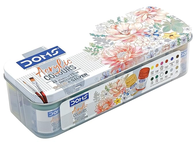 Doms Acrylic Colours 12 Shades Kit15ml| Includes Gold & Silver with 2 Brushes Included in The Box| DIY Paint Rich Pigment Paint for Canvas Wood Metal