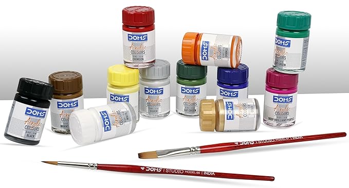 Doms Acrylic Colours 12 Shades Kit15ml| Includes Gold & Silver with 2 Brushes Included in The Box| DIY Paint Rich Pigment Paint for Canvas Wood Metal