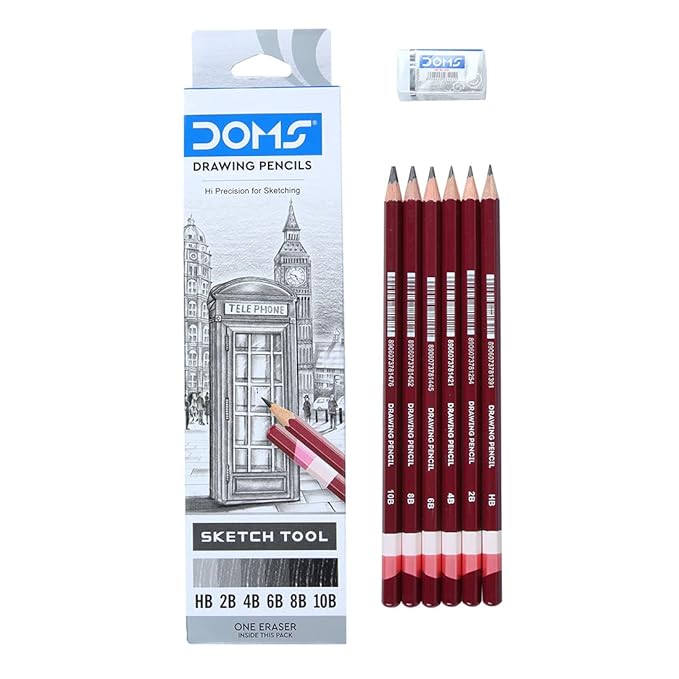 Doms Drawing & Sketching Graphite Pencils - Grade HB, 2B, 4B, 6B, 8B & 10B | Hi Precision For Sketching | Dark & Neat Drawing | Comes With 1 Eraser (Pack of 6 pencils x 1 Set)