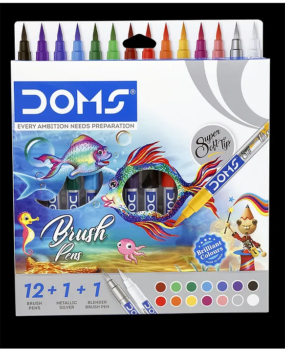DOMS BRUSH PEN | 12 Shades + 1 Metallic Silver Shade +1 Blender| Calligraphy | Calligraphy  (Ink Color - Multicolor)