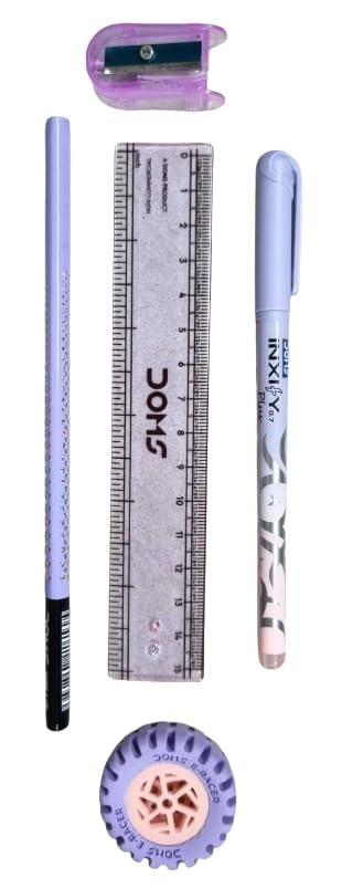 Doms All The Best Stationery Kit| Includes 1 Each- Inxify Plus Ballpen Blue Ink, 15 Cm. Scale, Triangle Pencil, Long Point Sharpener & Tyre Eraser| Exam Essential Kit For Children|