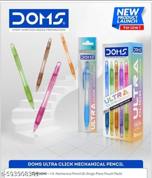 Doms Ultra-Click 0.7mm Mechanical Pencil With Built in Eraser- Pack of 10| 5 Refreshing Body Colours| Smooth & Dark Writing| Ergonomic Grip For Long Relaxed Writing Sessions