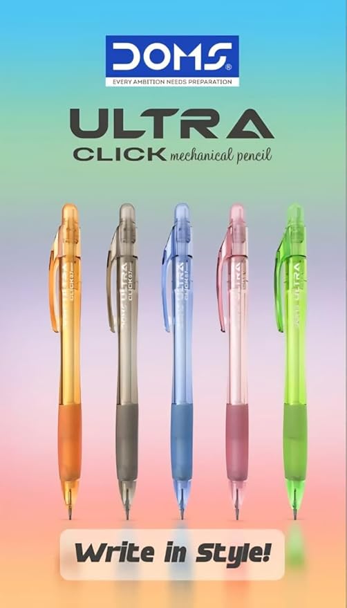 Doms Ultra-Click 0.7mm Mechanical Pencil With Built in Eraser- Pack of 10| 5 Refreshing Body Colours| Smooth & Dark Writing| Ergonomic Grip For Long Relaxed Writing Sessions