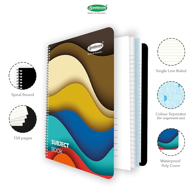 Sundaram | Regular Size | Three Subject NoteBook | Spiral Bound | 150 Pages | 20.3 x 26.7 Cm | Single Line | Water Proof Cover | Versatile for School & Office | Colors and Design May Vary | SR3 |