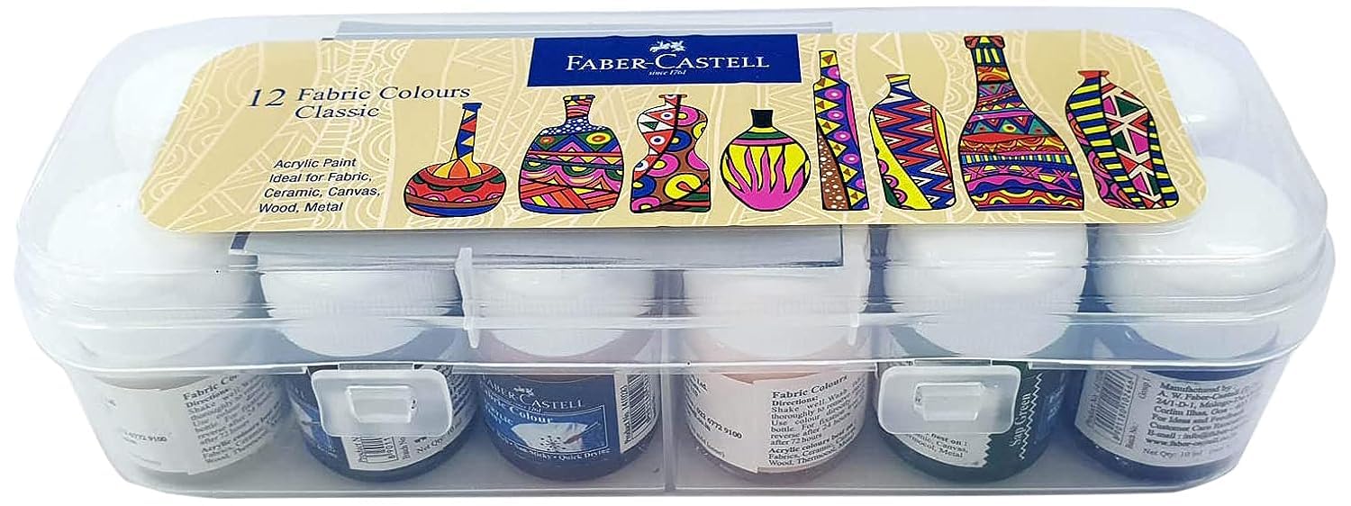 Faber-Castell Fabric Colours for Painting – 10ml x 12 Shades | Fabric Paint Set for Clothes, Bags, Cushions & More
